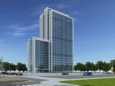 Tall Modern Office Building With Glass Facade Landscaped Surroundings And Parking Under Blue Sky 3d model