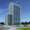 Tall Modern Office Building With Glass Facade Landscaped Surroundings And Parking Under Blue Sky