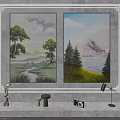 Two Landscape Paintings with Trees Path Clouds Lake Pine Trees Mountains and Grass 3d model