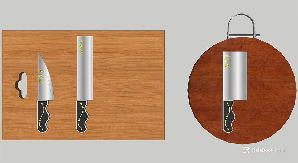 Kitchen Tools Knives Placed on Rectangular and Round Wooden Cutting Boards 3d model 