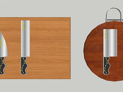 Kitchen Tools Knives Placed on Rectangular and Round Wooden Cutting Boards 3d model