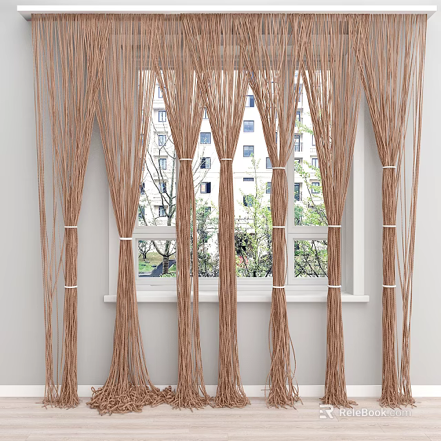 Brown Woven Window Curtains Hanging With Outside Building And Green Plants 3d model 