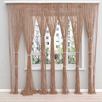 Brown Woven Window Curtains Hanging With Outside Building And Green Plants 3d model