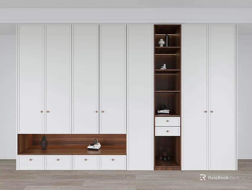 White Wardrobe With Multiple Cabinet Doors Wooden Section Open Shelves And Drawers 3d model 