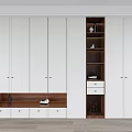 White Wardrobe With Multiple Cabinet Doors Wooden Section Open Shelves And Drawers