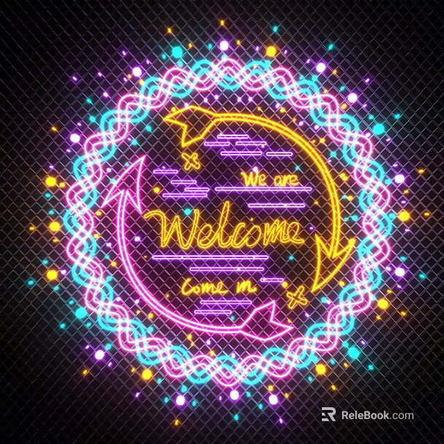 Colorful Neon Decorative Lights With Welcome Come in Text And Circular Mesh Background 3d model 