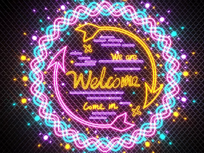 Colorful Neon Decorative Lights With Welcome Come in Text And Circular Mesh Background 3d model