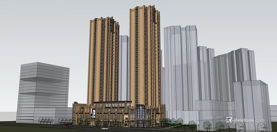 Modern High Rise Residential Building With Brown Exterior Ground Floor Entrance And Surrounding Structures 3d model 