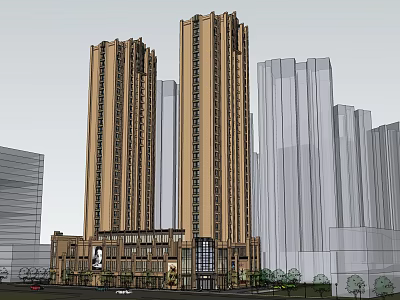 Modern High Rise Residential Building With Brown Exterior Ground Floor Entrance And Surrounding Structures 3d model