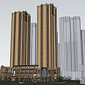 Modern High Rise Residential Building With Brown Exterior Ground Floor Entrance And Surrounding Structures