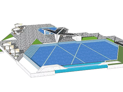Outdoor Swimming Pool Area Design With Paving Stones Shelter And Lawn 3d model
