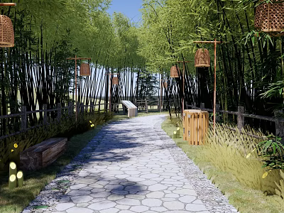 Rural Landscape With Bamboo Grove Stone Path Hanging Lanterns Wooden Fence And Bench 3d model