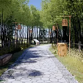 Rural Landscape With Bamboo Grove Stone Path Hanging Lanterns Wooden Fence And Bench