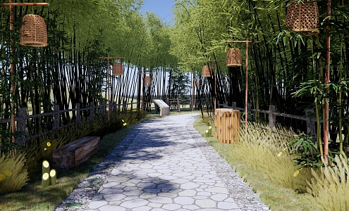 New Chinese Style Bamboo Forest Park Landscape Bamboo Forest Trip Road Wooden Railing Bamboo Lantern Country Bamboo Forest Tour Trail Wenlv Park 3d model