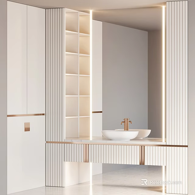 Elegant Modern Bathroom Vanity With White Cabinets Gold Accents Open Shelves And Mirror 3d model 