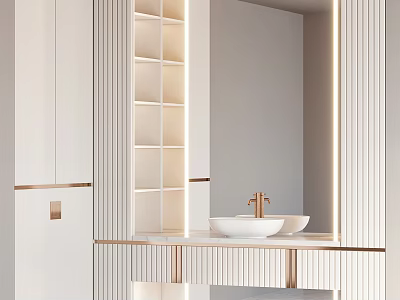 Elegant Modern Bathroom Vanity With White Cabinets Gold Accents Open Shelves And Mirror 3d model