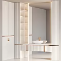 Elegant Modern Bathroom Vanity With White Cabinets Gold Accents Open Shelves And Mirror