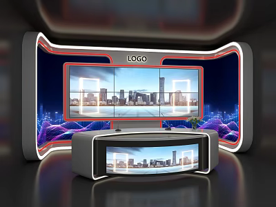 Live Stream Studio Setup With Multiple Screens City Skyline View And Control Console 3d model