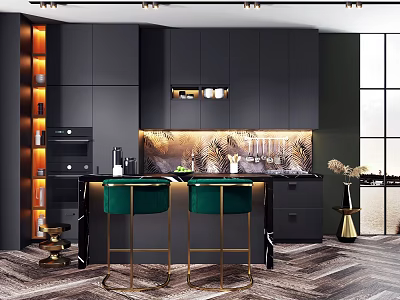 Modern Kitchen With Dark Cabinets Island Green Bar Stools And Marble Backsplash 3d model