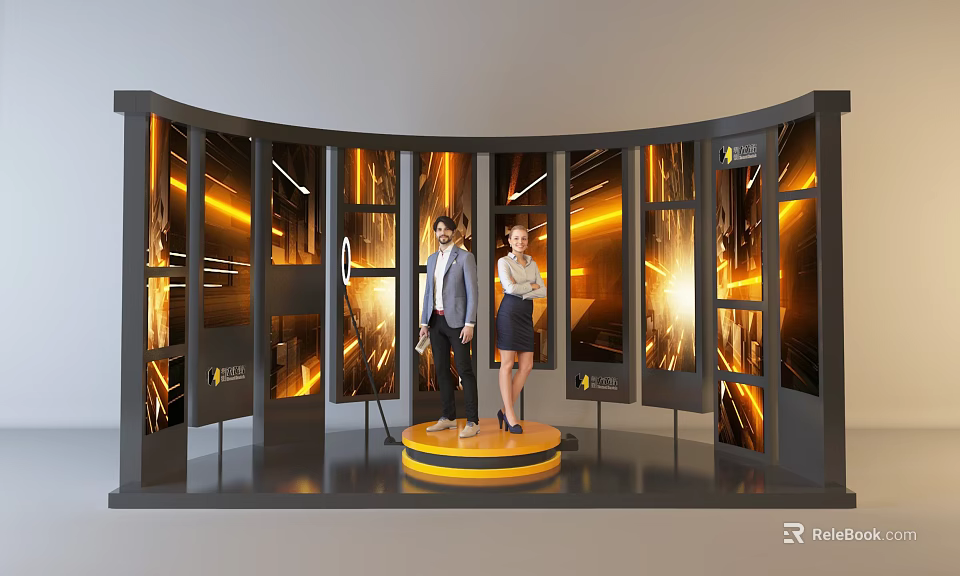 Elegant Photo Check-in Spot With Curved Illuminated Wall Golden Lighting And Circular Platform 3d model 
