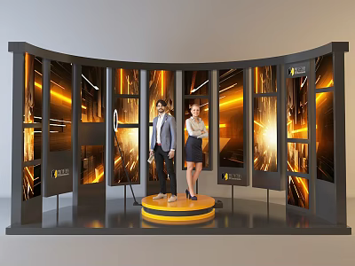 Elegant Photo Check-in Spot With Curved Illuminated Wall Golden Lighting And Circular Platform 3d model