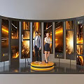 Elegant Photo Check-in Spot With Curved Illuminated Wall Golden Lighting And Circular Platform