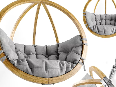 Cozy Round Hanging Chair With Wooden Frame And Gray Padded Cushion 3d model