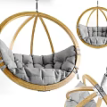 Cozy Round Hanging Chair With Wooden Frame And Gray Padded Cushion