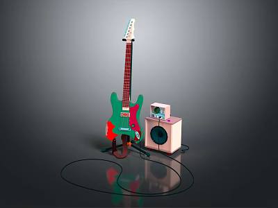 Artistic Musical Instrument Display Green Electric Guitar and Pink Amplifier on Dark Floor with Reflection 3d model