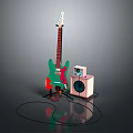Artistic Musical Instrument Display Green Electric Guitar and Pink Amplifier on Dark Floor with Reflection