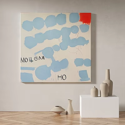 Abstract Painting With Blue Brush Strokes Red Accent Text Elements NOU.GNW HO On Beige Canvas 3d model