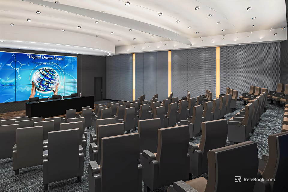 Modern Conference Room With Rows Of Seats Large Screen Data Display And Bright Lighting 3d model 