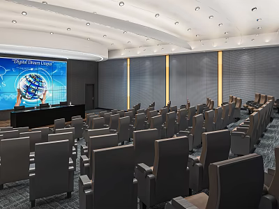 Modern Conference Room With Rows Of Seats Large Screen Data Display And Bright Lighting 3d model