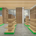 Modern Retail Store Interior Design With Wooden Ceiling Glass Doors Green Walls And Display Shelves