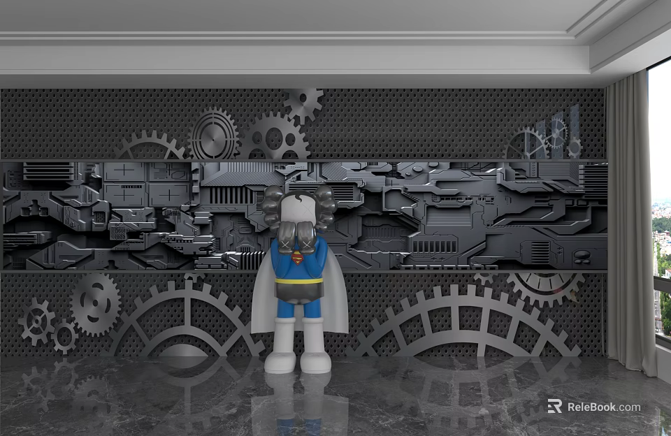 Industrial Mechanical Background Wall with 3D Gears and Metallic Texture Design 3d model 