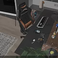 Modern Home Office Workspace With Ergonomic Chair Computer Desk Green Plant And Checkered Rug