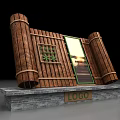 Wooden Scroll Shaped Display Structure With Green Accents And Brick Base Logo 3d model