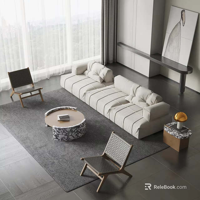 Modern Striped Sofa Coffee Table Set With Wicker Chairs And Gray Rug 3d model