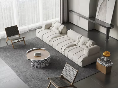 Modern Striped Sofa Coffee Table Set With Wicker Chairs And Gray Rug 3d model