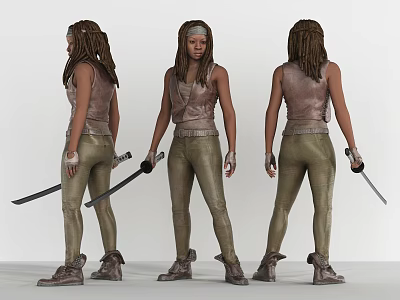 Game Movie Character With Braided Hair Sleeveless Leather Vest Tight Pants Boots And Sword 3d model