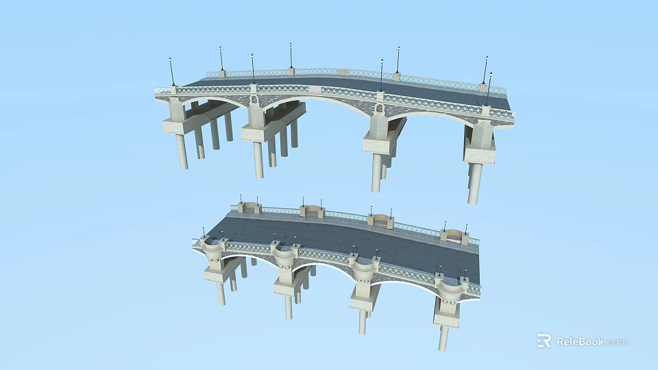 Two 3D Model Bridges Featuring Stone Piers Black Deck And Decorative Railings 3d model 