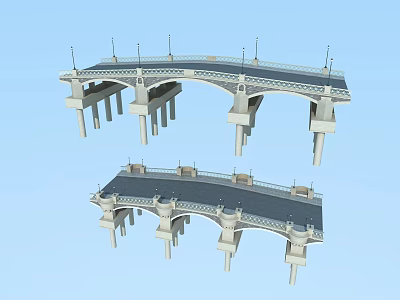 Two 3D Model Bridges Featuring Stone Piers Black Deck And Decorative Railings 3d model