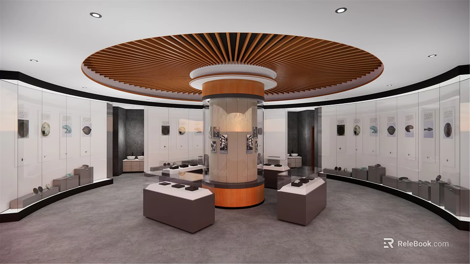 Modern Exhibition Hall With Circular Wooden Ceiling Cylindrical Display Column And Square Showcases 3d model 