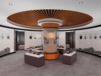 Modern Exhibition Hall With Circular Wooden Ceiling Cylindrical Display Column And Square Showcases 3d model