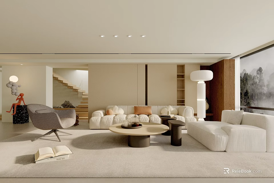Modern Living Room Interior With Cozy Sofas Round Coffee Table Floor Lamp And Soft Rug 3d model