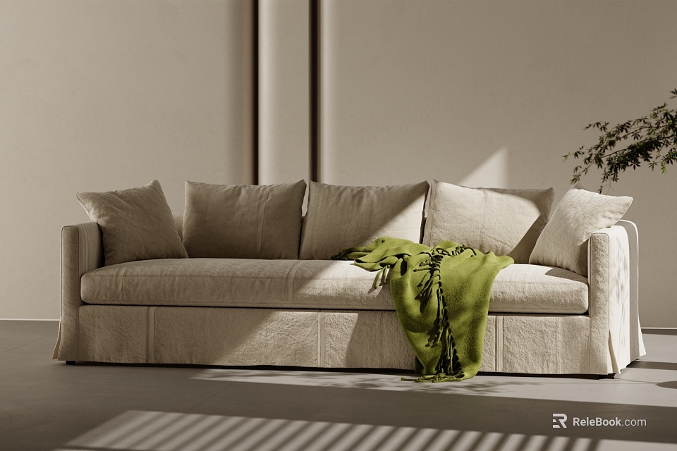 Beige Multi seat Sofa With Plush Cushions Green Throw Light Walls And Natural Light Shadows 3d model 
