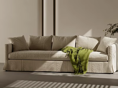 Beige Multi seat Sofa With Plush Cushions Green Throw Light Walls And Natural Light Shadows 3d model