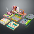 Colorful 3D City Landscape with Buildings Wind Turbine Crane Trees and Small Hills
