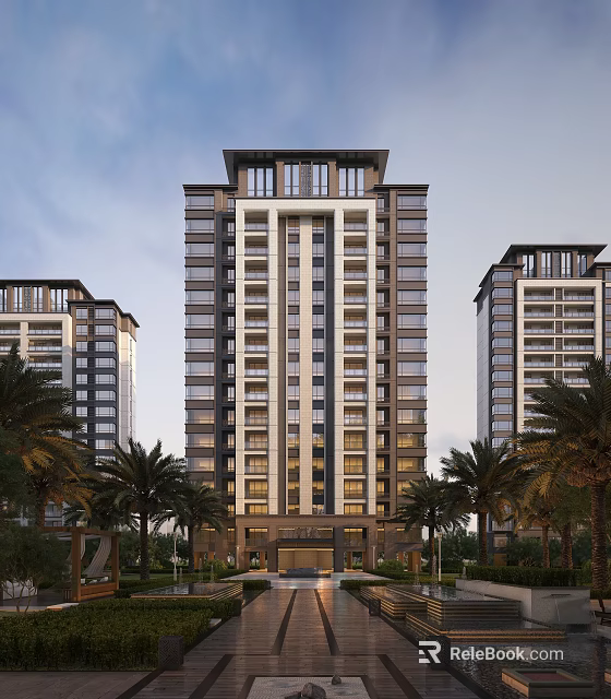 Modern High Rise Residential Building Exterior With Glass Facade And Palm Trees 3d model 
