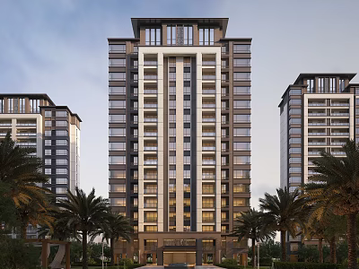 Modern High Rise Residential Building Exterior With Glass Facade And Palm Trees 3d model